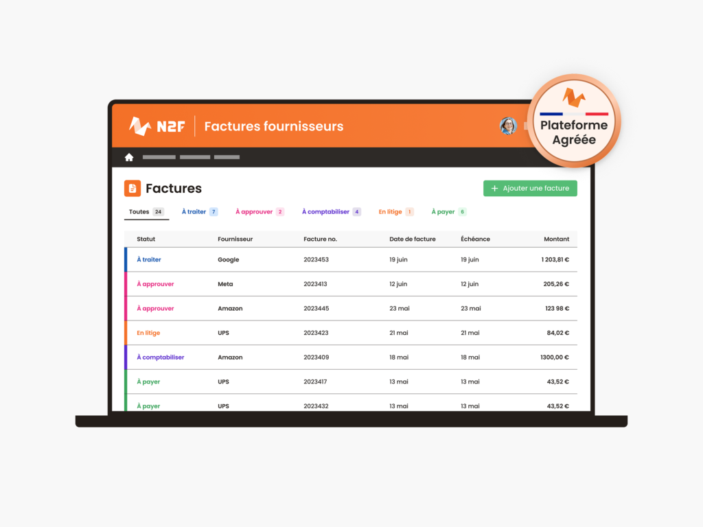 Interface N2F Plateforme Agr&eacute;&eacute;e &mdash; gestion de factures conforme DGFiP