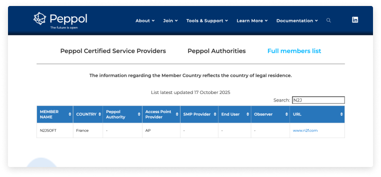N2JSoft certifié PEPPOL
